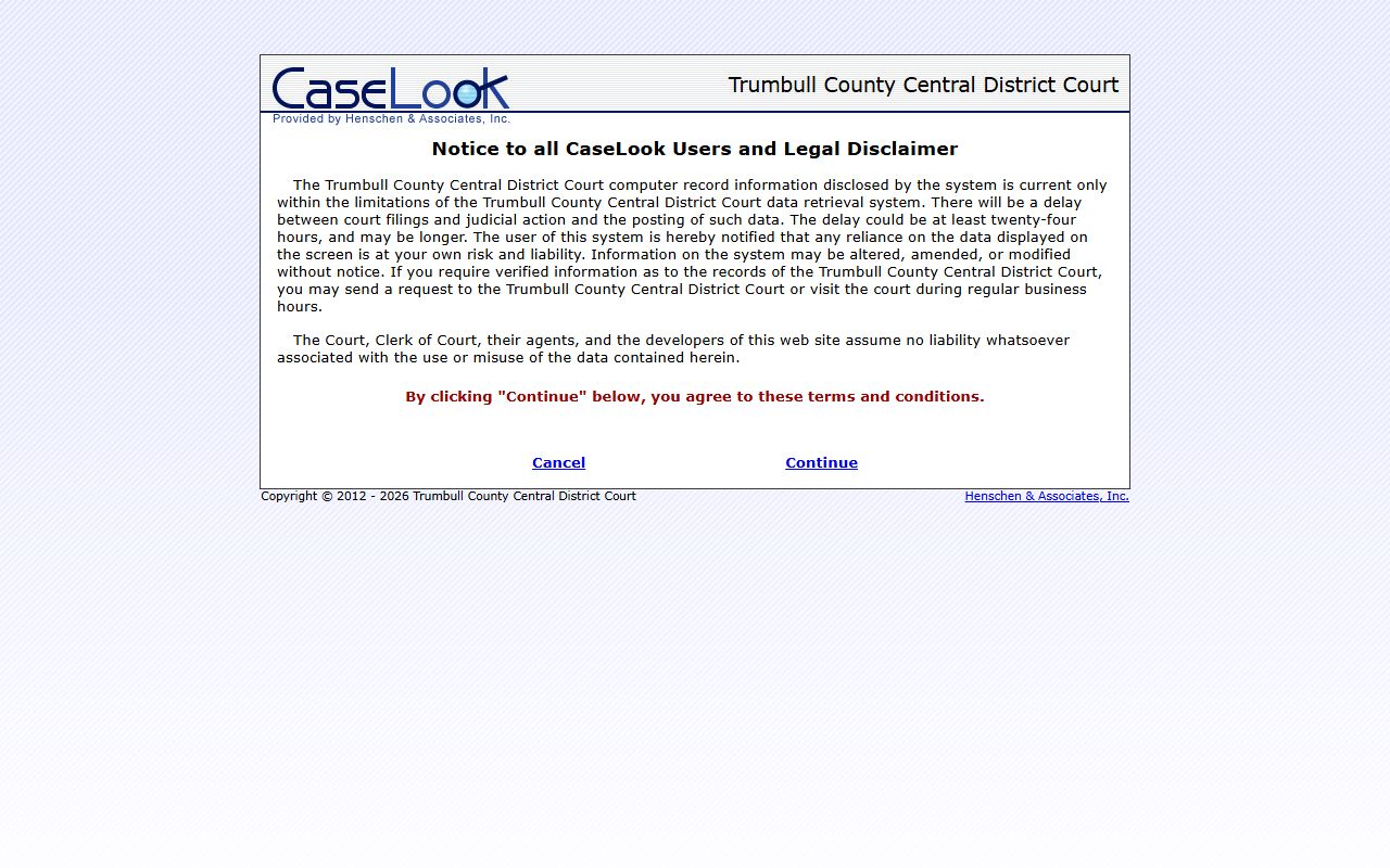 Trumbull County Central District court records disclaimer after arrest